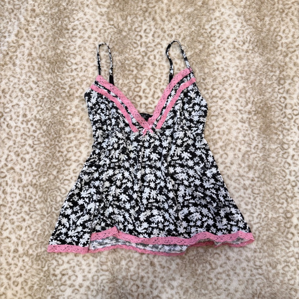 Rene Rofe Floral Lace Babydoll Chemise Top Womens M Coquette Vibe Black Pink Y2K